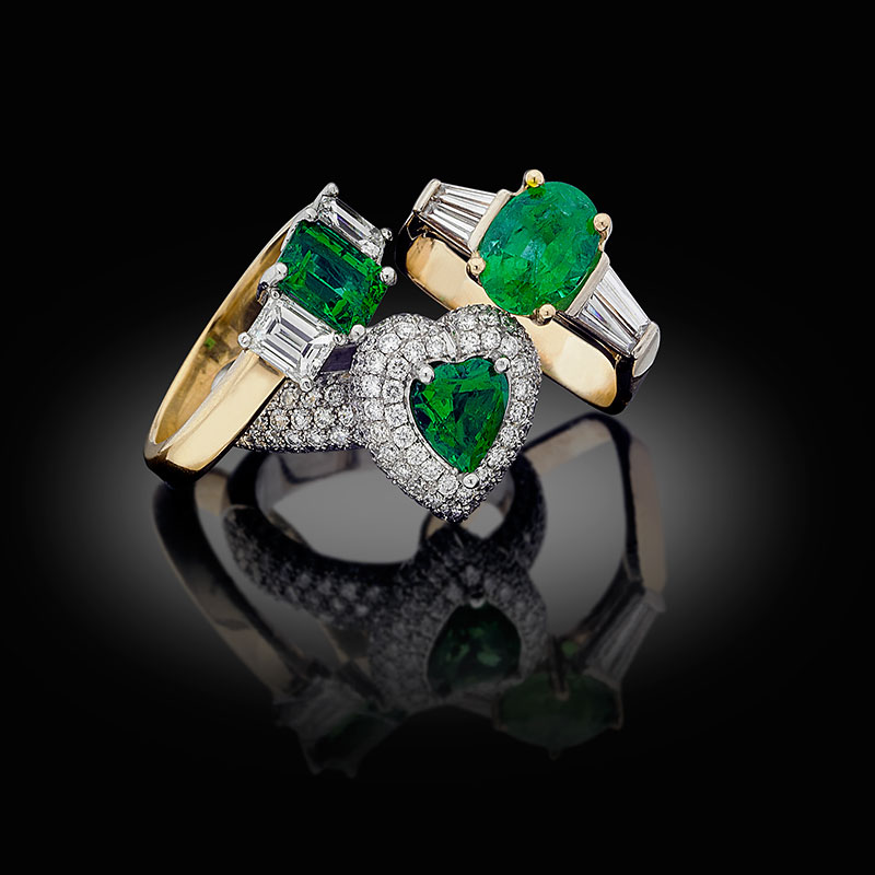 Three Russian emerald rings, showing the quality that made them among the most coveted in the world. Photo courtesy of Warren Boyd/Tsar Emeralds Corp.