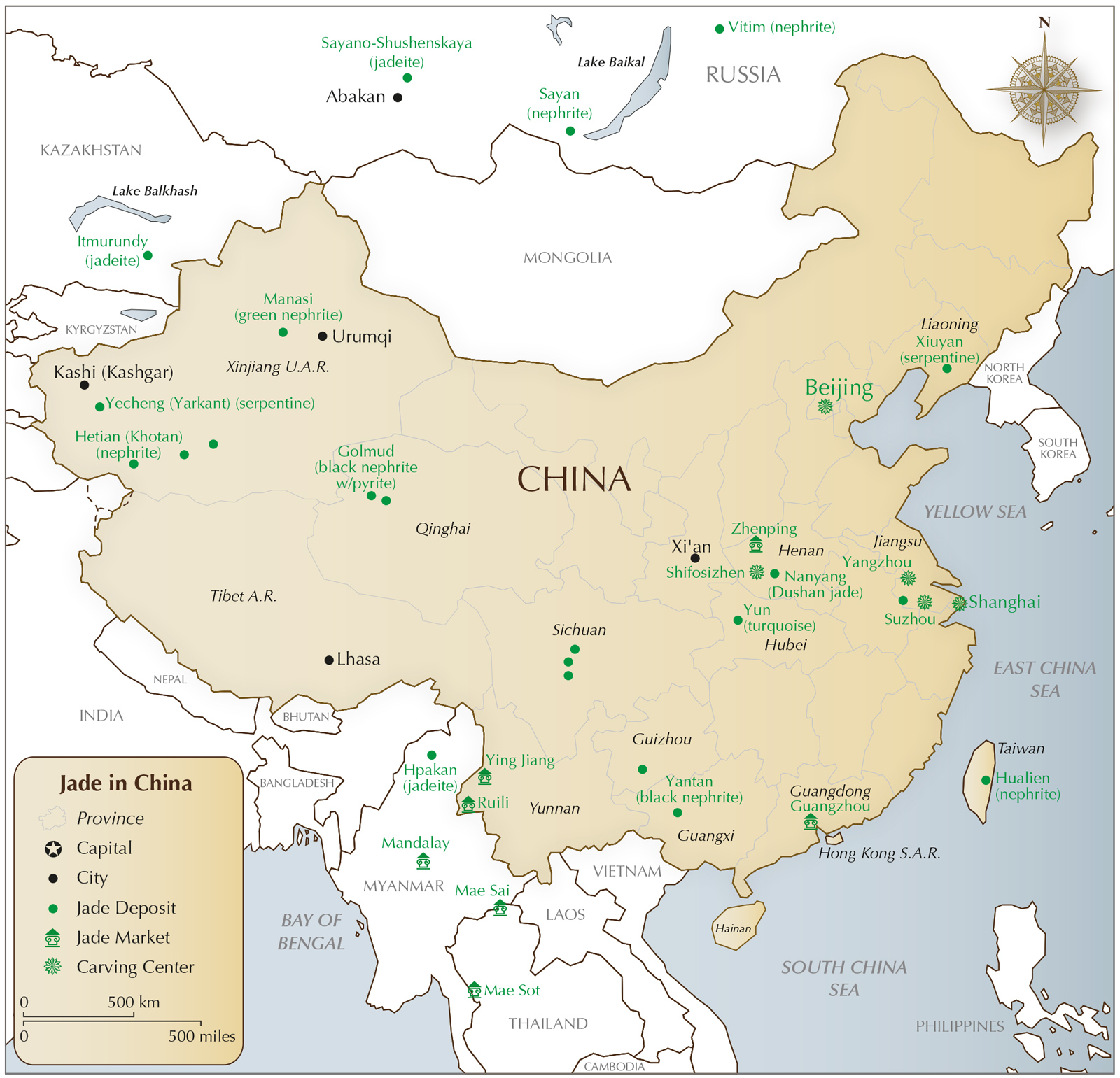 Map of China showing the location of jade mines and markets, from Lotus Gemology