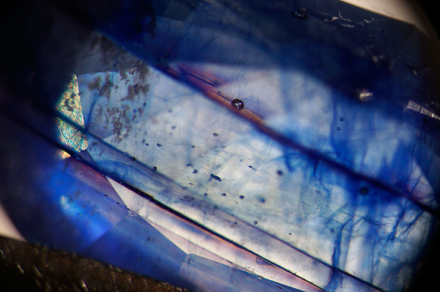 Figure 11. When viewed with transmitted light field illumination, rich blue color concentrations are found in the fissures. (Photo: Wimon Manorotkul, Lotus Gemology).