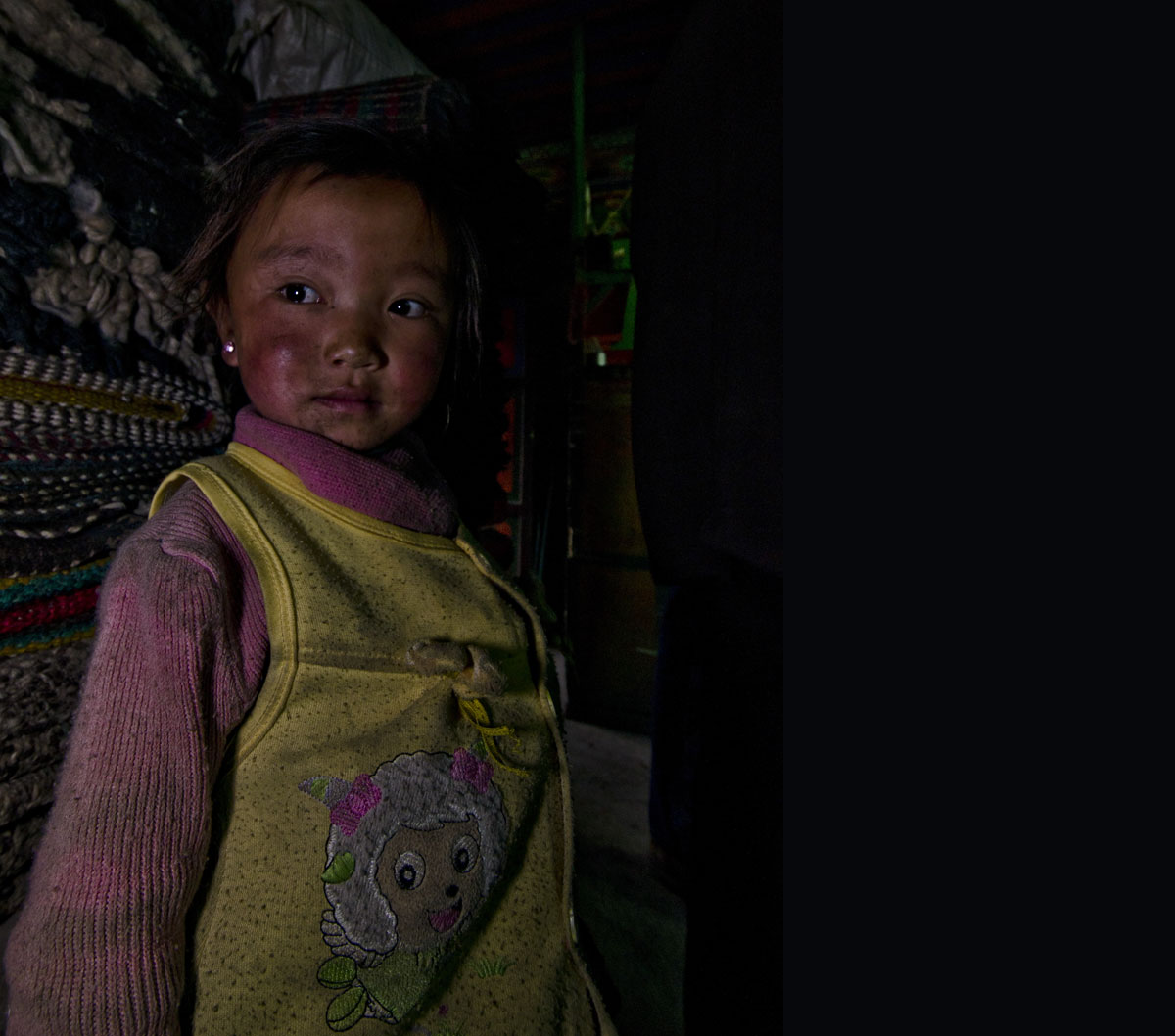 Peek-a-boo A young Tibetan girl at Dhongtso 5 (Zha Lin) village. Photo: Richard W. Hughes