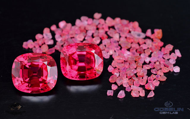 Fine red spinels from Mahenge, Tanzania. These fabulous gemstones (over 20 carats each) were cut from one of the giant crystals found in August 2007 at Ipanko. Stones courtesy of Paul Wild, Idar-Oberstein.