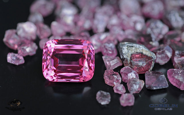 Fine Pamir spinel (over 20 carats) from Tajikistan, with rough spinels from the Kuh-i-Lal mines. 