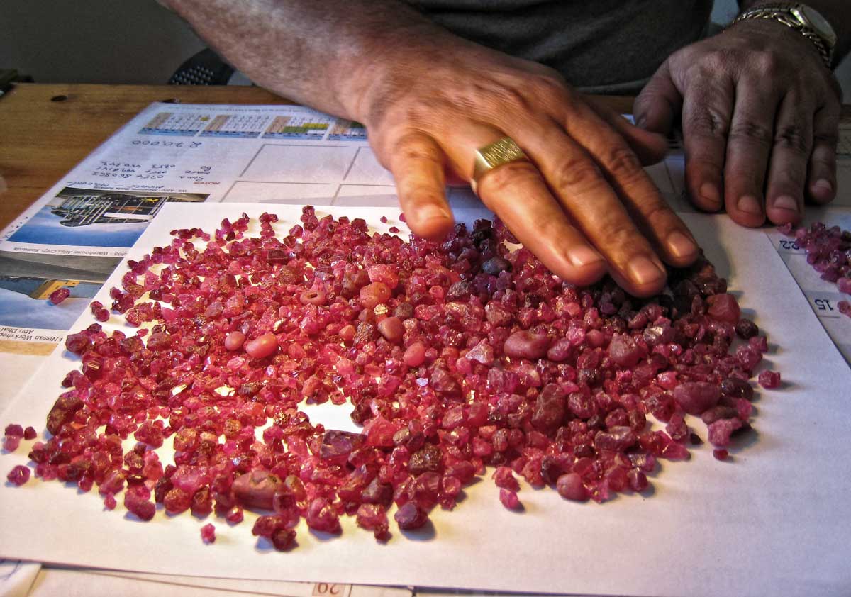 A bit of candy in the office of Spiro, a Morogoro-based Greek dealer. Rough spinel from the Summer 2007 find at Mahenge. Photo © Richard W. Hughes, Lotus Gemology.