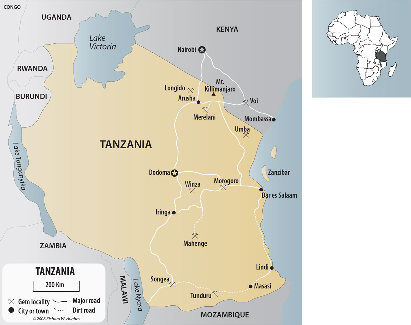 Map of Tanzania and southern Kenya, show the major gem localities. Click on the map for a larger version. Map © R.W. Hughes, Lotus Gemology.