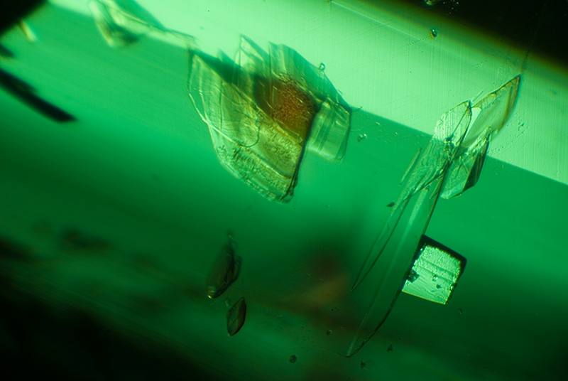 Lathe-shaped flakes of phlogopite mica spin through the green depths of a Malysheva emerald. Specimen courtesy of Tsar Emeralds Corp.; photomicrograph © John I. Koivula/microWorld of Gems