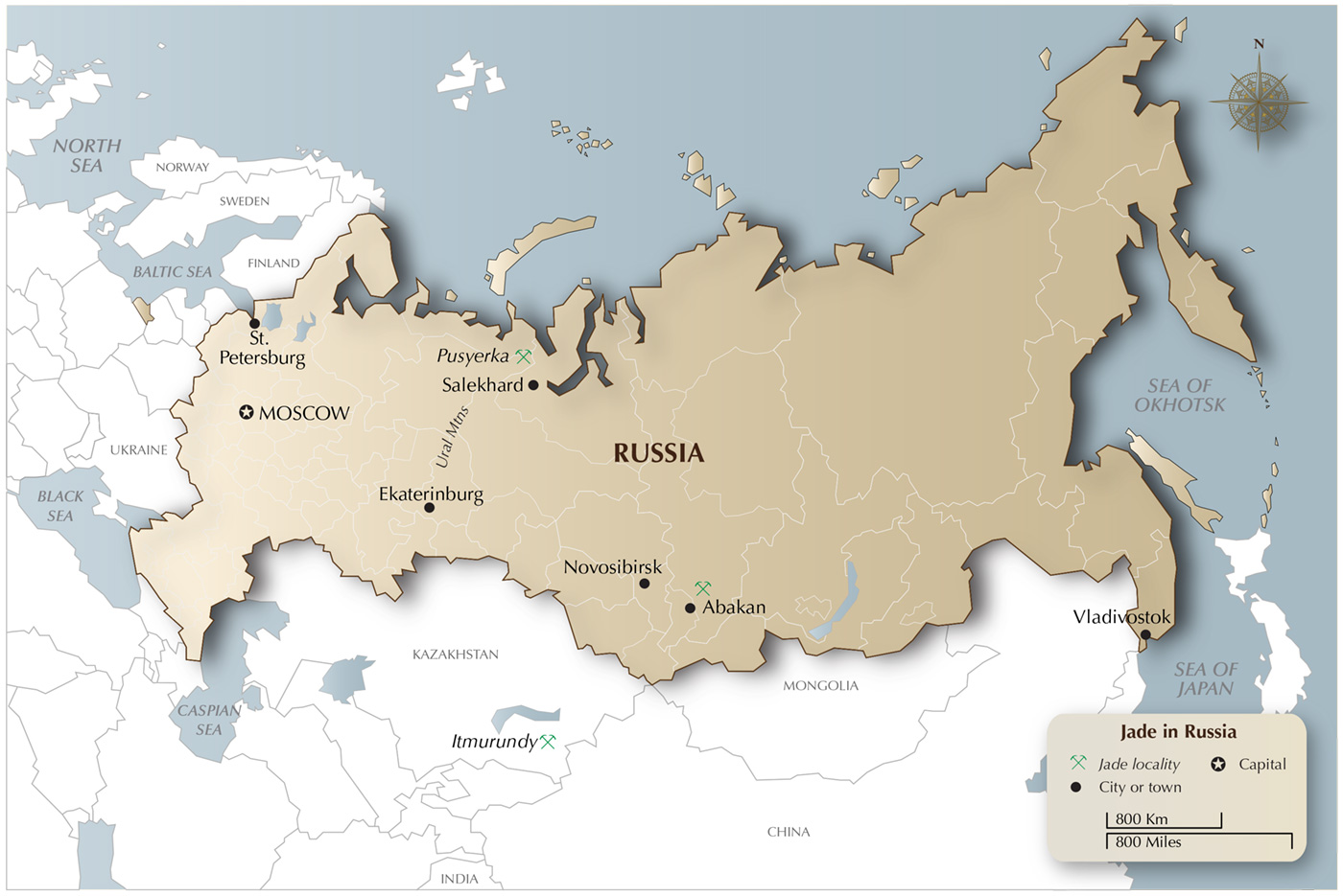 Map showing the important jadeite localities in Russia and Kazakhstan